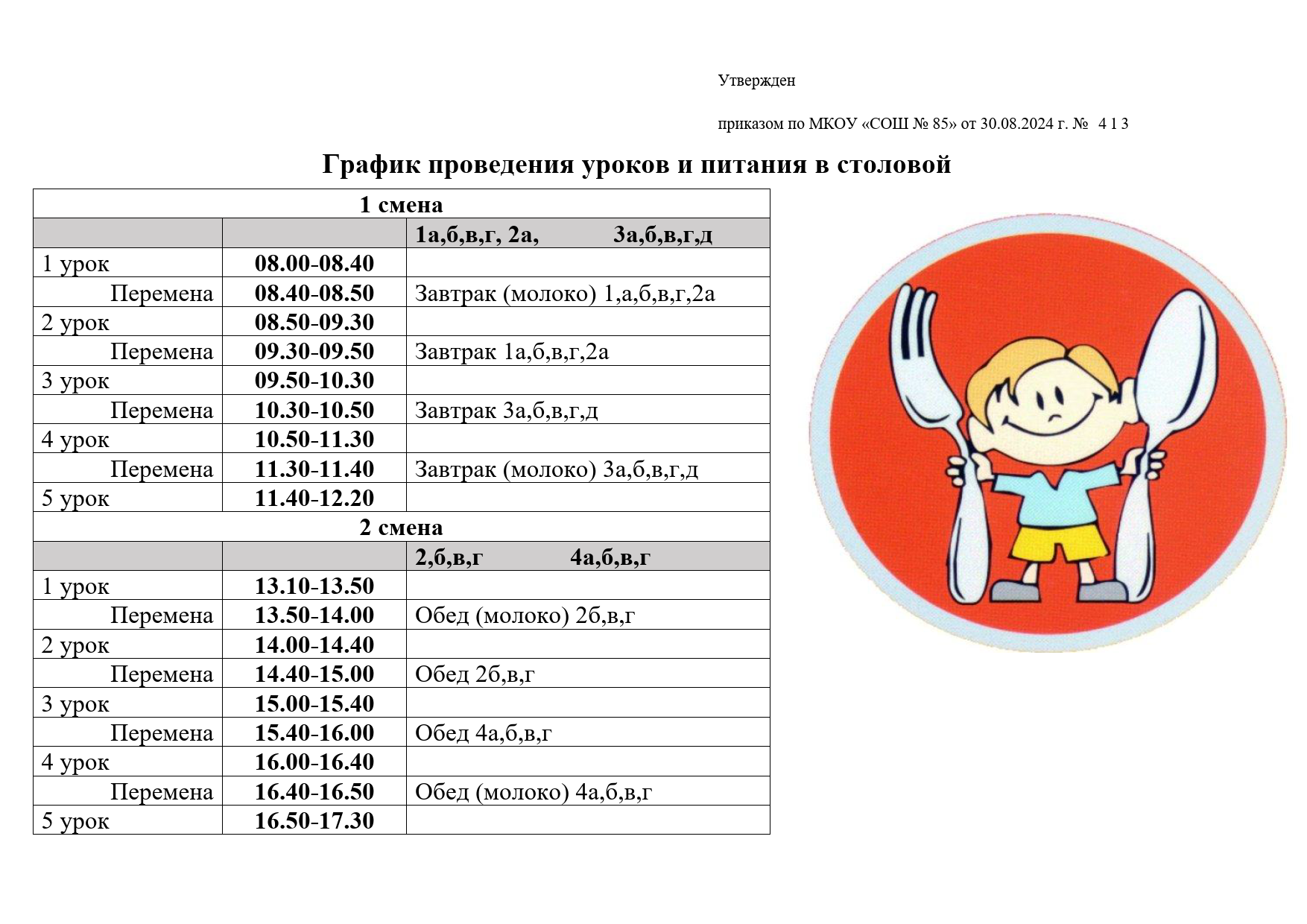 График проведения уроков и питания в столовой.